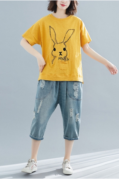 Lovely Cartoon Rabbit Printed Round Neck Short Sleeve Relaxed Fit T-Shirt
