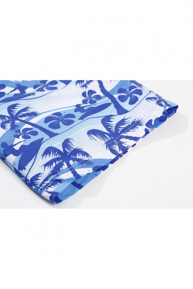 Men's Blue Tropical Coconut Palm Printed Drawcord Waist Loose Fit Quick Dry Swim Trunks
