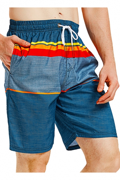 Men's Fashion Colorblock Drawstring Waist Quick Drying Blue Surfing Swim Trunks with Liner