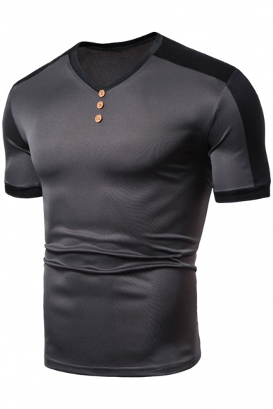 Men's Simple Plain Button Detail V-Neck Patch Short Sleeve Slim Fit Tee