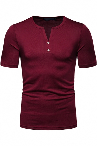 Men's Stylish Button V-Neck Short Sleeve Plain Simple Slim Henley Shirt