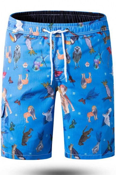 Men's Summer Trendy Animal Printed Drawcord Waist Casual Beach Shorts Swim Trunks