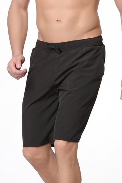 Mens Basic Simple Solid Color Drawstring Waist Quick Drying Swim Trunks