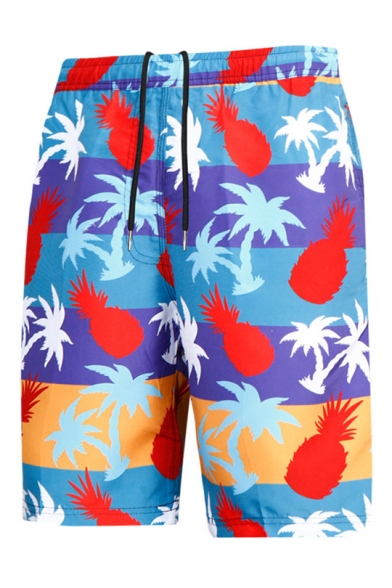 Mens Unique Fast Drying Pineapple Fruit Print Stretch Bathing Trunks with Mesh Lining Pockets