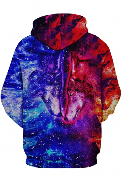 New Fashion Blue and Red Fire Wolf Printed Sport Loose Unisex Hoodie