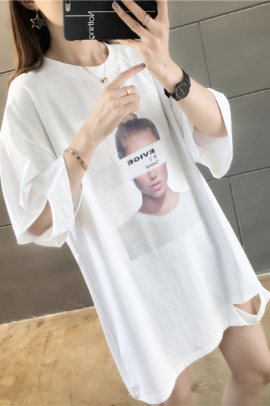 New Fashion Character Print Round Neck Cut Out Half Sleeves Summer Graphic Tee