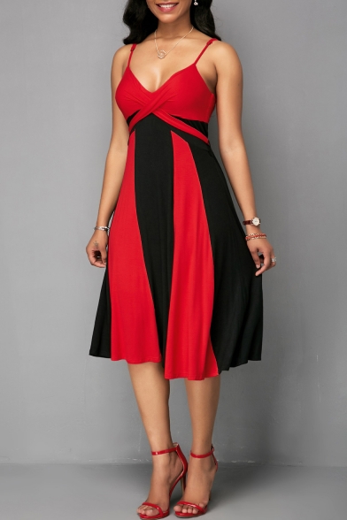 New Fashion Colorblock V-Neck Women's Plus Size Midi A-Line Slip Dress