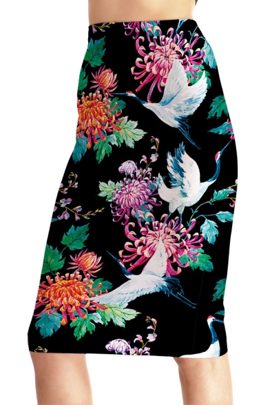 New Fashion Floral Crane Printed Womens Chic Black Midi Pencil Skirt