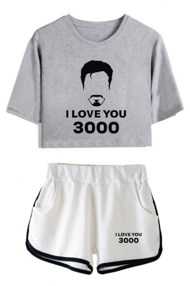 New Fashion I LOVE YOU 3000 Letter Graphic Print Cropped Tee with Casual Shorts Sport Two-Piece Set for Girls