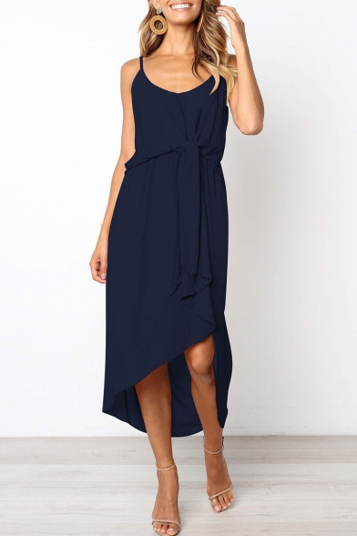 New Fashion Simple Plain Knotted Waist High Low Hem Maxi Slip Dress