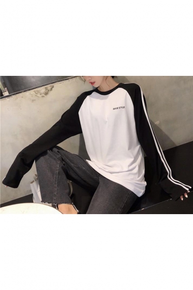 BAYUE Letter Print Color Block Long Sleeve Round Neck White Cotton T-Shirt