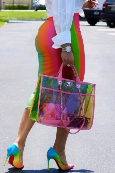 New Stylish Rainbow Colorblock Womens Bodycon Skirt Midi Pencil Skirt