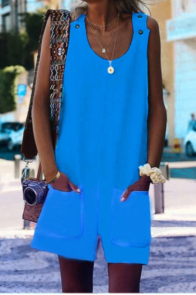 New Trendy Basic Solid Color Sleeveless Casual Loose Rompers with Pocket
