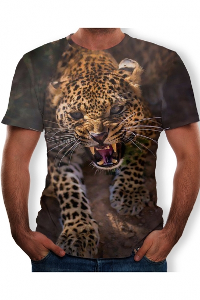New Trendy Fashion Leopard Printed Basic Round Neck Short Sleeve Khaki T-Shirt For Men