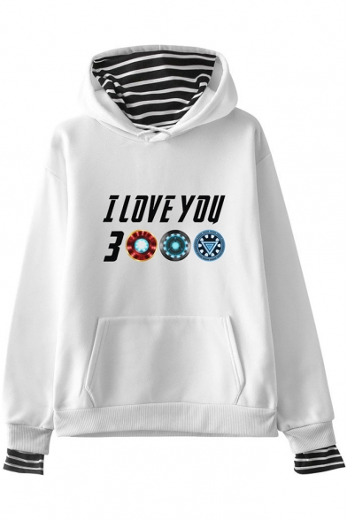 New Trendy Letter I Love You 3000 Fake Two-Piece Long Sleeve Pullover Hoodie