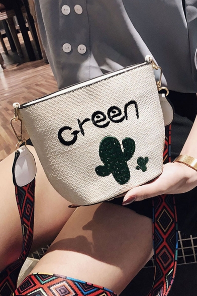Popular Cactus Letter Embroidery Wide Strap Straw Crossbody Bucket Bag 19*9*15 CM