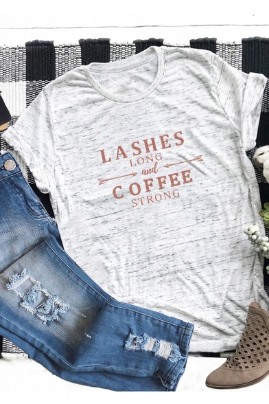 Popular Letter LASHES COFFEE Short Sleeve Round Neck Basic Casual Loose T-Shirt