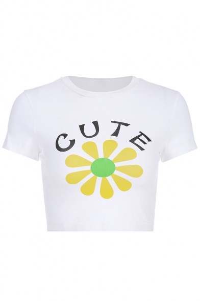 Simple Letter CUTE Floral Print Basic Summer White Crop T-Shirt