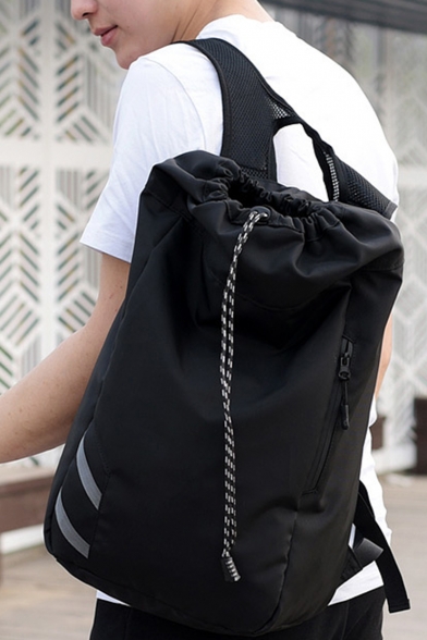 Simple Stripe Patched Waterproof Nylon Black Basketball Bag Outdoor Sports Backpack 31*19*55 CM