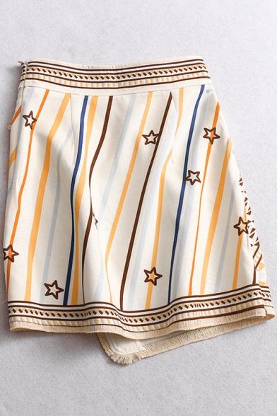 Stylish Retro Striped Printed Women's High Rise Mini A-Line Asymmetrical Skirt