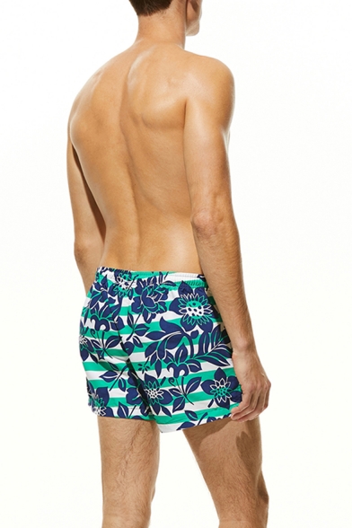 Stylish Stripe Floral Printed Mens Summer Breathable Beach Shorts Swim Shorts