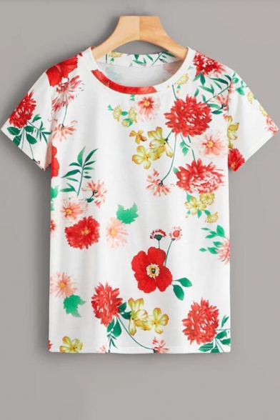 Summer Chic Floral Printed Round Neck Basic Short Sleeve White T-Shirt