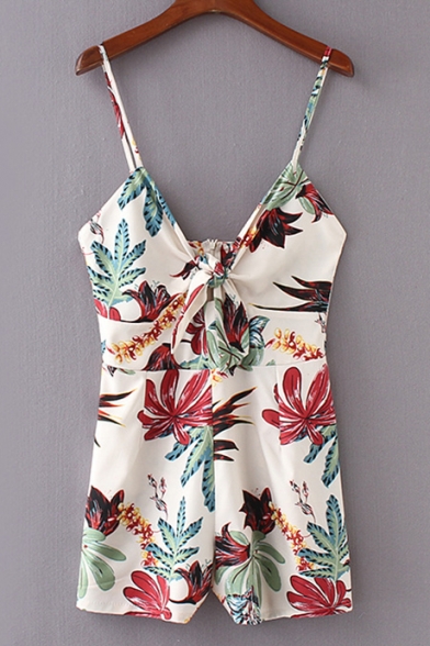 Summer Chic Floral Printed Unique Bow-Tied Front Strap Beach Romper for Women