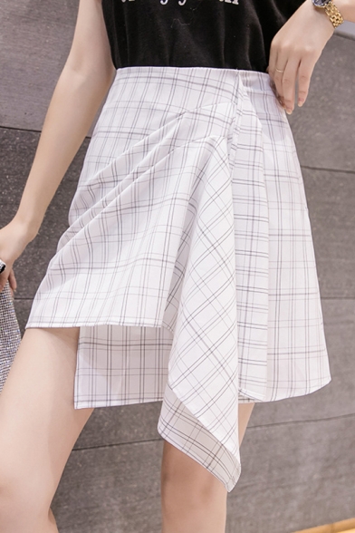 Summer Fancy Plaid Printed Unique Ruched Mini A-Line Asymmetrical Skirt