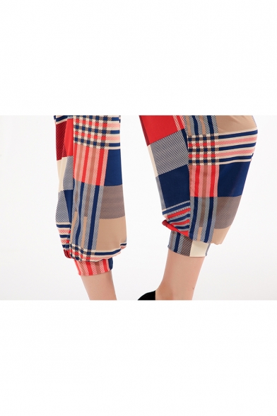 Summer Fashion Colorblock Plaid Printed Elastic Waist Casual Cropped Bloomers Pants for Women