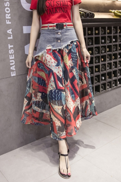 Summer Fashion Fish Pattern Denim Patchwork High Rise Maxi Chiffon Flowy Skirt