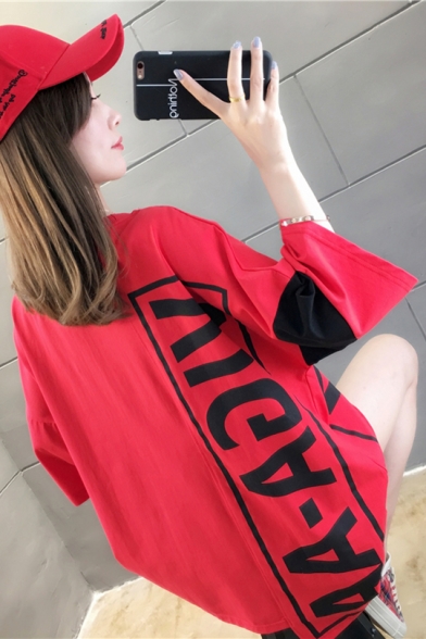 Summer Funny Letter Printed Color Block Round Neck Half Sleeve Loose Cotton T-Shirt