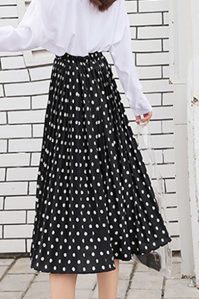 Summer Girls Sweet Polka Dot Printed Elastic Waist Midi Pleated Flowy Skirt
