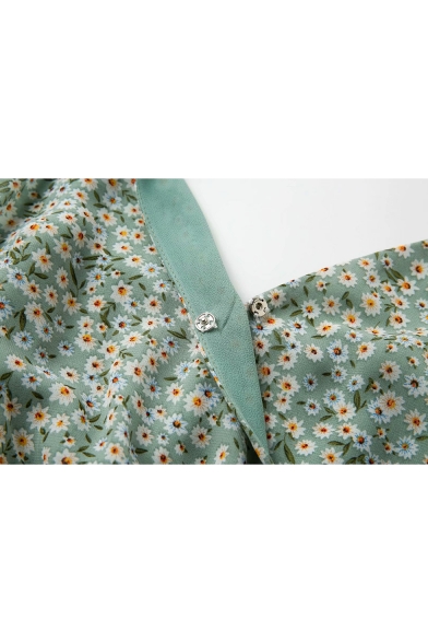Summer Green Floral Printed V-Neck Drawstring Waist Mini A-Line Slip Dress for Girls