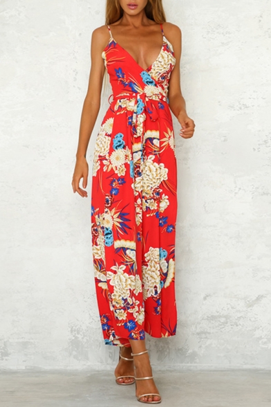Summer Holiday Fashion Floral Printed Sexy V-Neck Straps Tied Waist Split Front Wide Leg Pants Jumpsuits