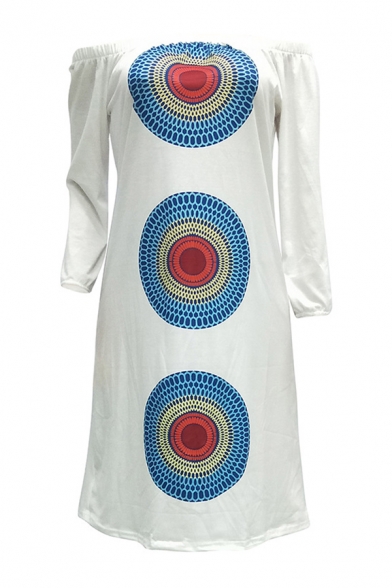 Summer Circle Print Off The Shoulder Long Sleeve Mini Dress for Women