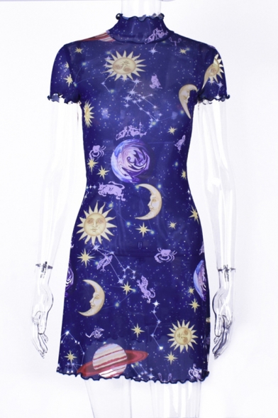 Summer New Fashion Cartoon Angel Moon Sun Printed High Neck Short Sleeve Mini Mesh Dress