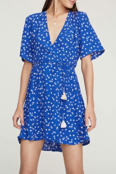 Summer Trendy Blue Floral Printed Surplice V-Neck Tied Waist Mini A-Line Dress