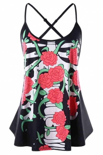 Summer Trendy Floral Printed Black Cami Top for Women