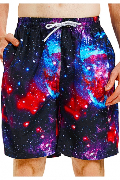 Alion Mens 3D Galaxy Print Casual Rave Flat Front Shorts Trunks Boardshort 