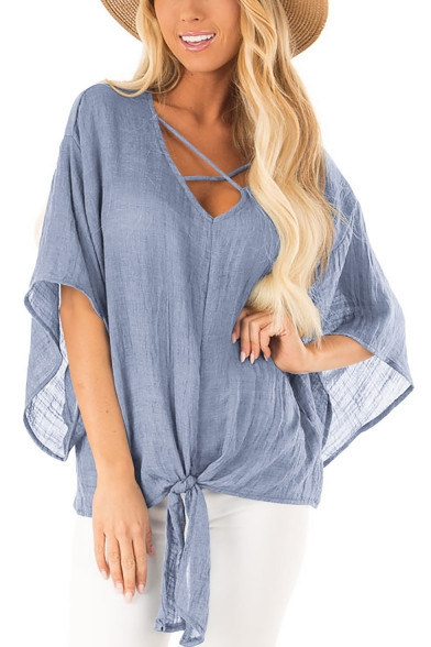 Summer Womens Casual Loose Simple Solid Color V-Neck Tied Hem Blouse Top
