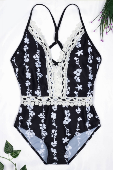 Trendy Chic Lace Trim Plunged Neck Black Floral Print Womens One Piece Swimsuit