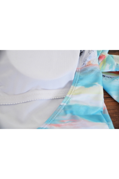 Trendy Ombre Tie Dye White Long Sleeve Open Back Rash Guard Women's One Piece Swimsuit