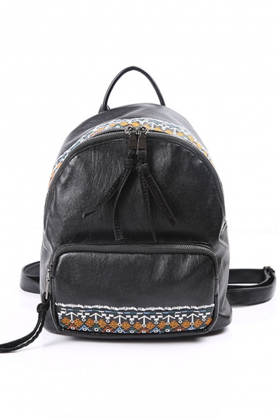 Unique Glamorous Print Embroidery Black PU Leather Backpack 26*14*27.5 CM