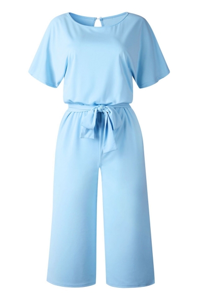 Women's Basic Simple Solid Color Short Sleeve Scoop Neck Tied Waist Wide Leg Jumpsuits