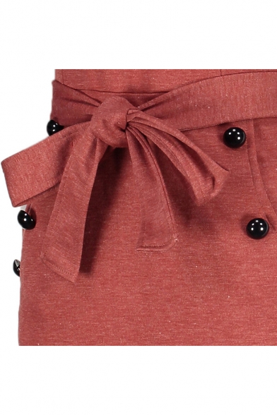 Women's Chic Button Embellished V-Neck Simple Plain Tied Waist Midi Pencil Dress