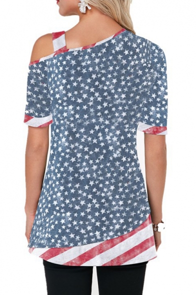 Women's Color Block Stripe Star Flag Print One Shoulder Short Sleeve Tee