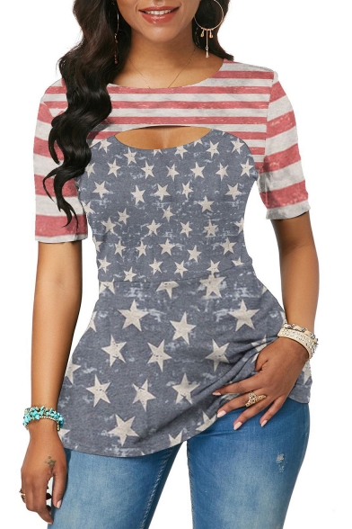Women's Color Block Stripe Star Flag Print Short Sleeve Cut Out Tunic Fitted Tee