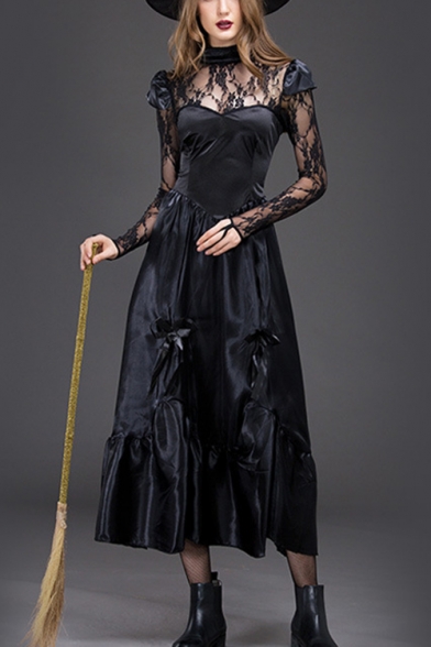 Women's Fancy Halloween Witch Cosplay Costume Lace Panel Long Sleeve Black Maxi Dress