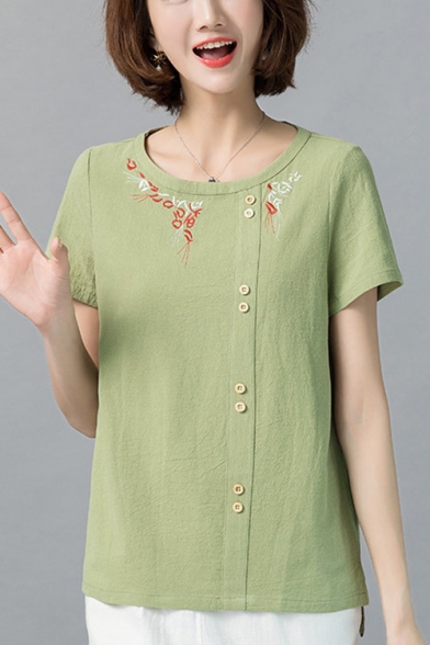Women's Fashion Embroidered Round Neck Short Sleeve Cotton Button T-Shirt