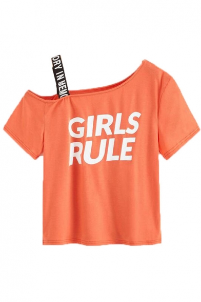 Women's Funny Letter GIRLS RULE Printed Round Neck Strap One Shoulder Casual T-Shirt